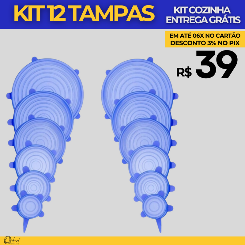 Compre 6 Leve 12 - Kit 12 Tampas de Silicone Reutilizável (UNIVERSAL) - Super Elástico