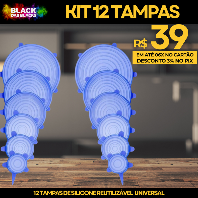 Compre 6 Leve 12 - Kit 12 Tampas de Silicone Reutilizável (UNIVERSAL) - Super Elástico